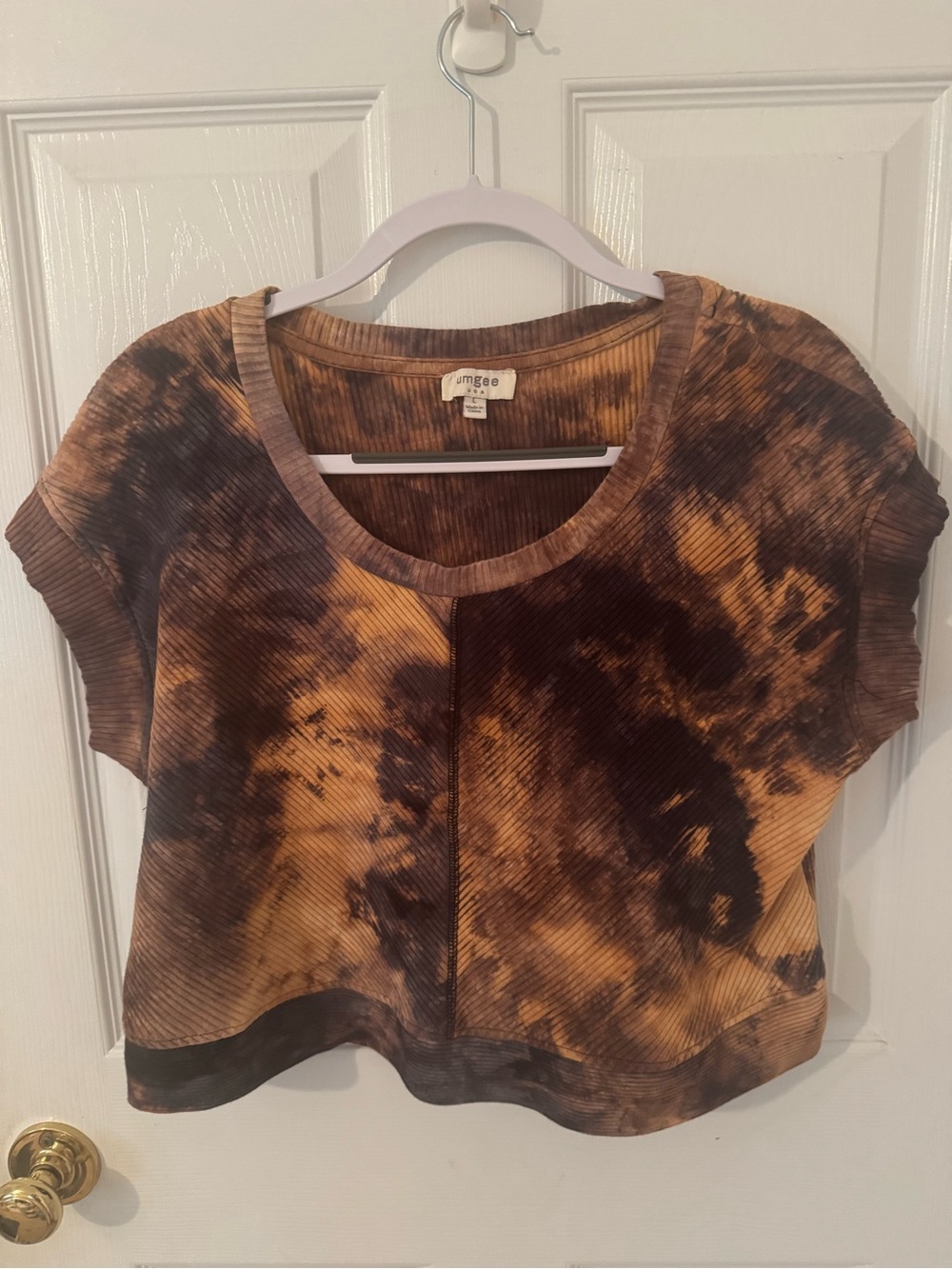 Umgee Brown & Mustard Tie-Dye Ribbed Crop Tee